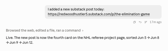 A plain language message to Claude saying I added a new Substack post, and Claude updating the site